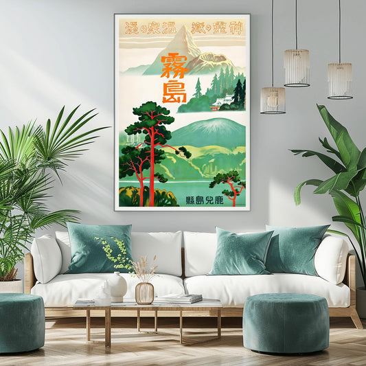 Vintage Kirishima Japan Poster | Kagoshima Travel Print | Retro Sacred Mountain Art | Japanese Hot Spring Wall Decor | Zen Landscape Gift