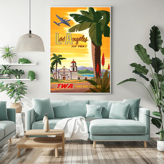 Vintage Los Angeles TWA Poster | Retro California Travel Print | LA Mission Style Art | Golden State Wall Decor | Aviation Lover Gift
