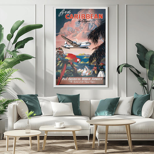 Vintage Caribbean Pan Am Poster | Retro Clipper Travel Print | Tropical Island Wall Art | Pan American Airline Gift | Aviation Art Decor