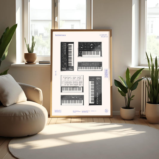 Retro Synthesizer Poster | Vintage Japanese Synth Wall Art | Music Studio Decor | Black & White Print | Electronic Music Gift | Physical Art