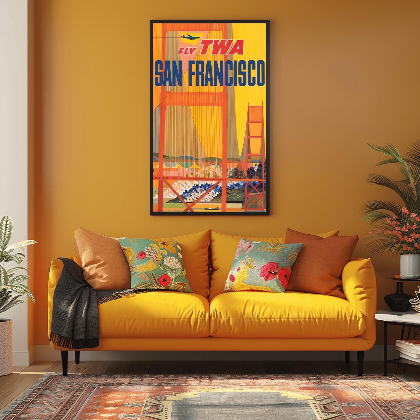 Vintage San Francisco TWA Poster | Retro Cable Car Travel Print | SF Bay Bridge Wall Art | Iconic California Cityscape | Aviation Gift