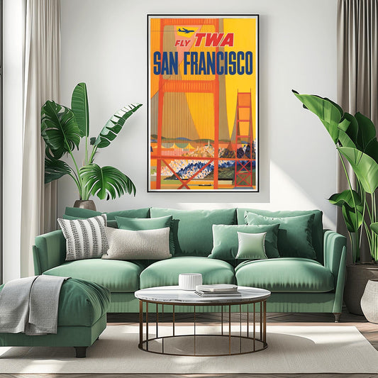 Vintage San Francisco TWA Poster | Retro Cable Car Travel Print | SF Bay Bridge Wall Art | Iconic California Cityscape | Aviation Gift