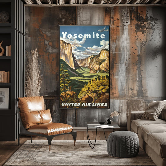 Vintage Yosemite National Park Poster | Retro United Airlines Print | Mountain Landscape Wall Art | Hiking Nature Lover Gift | Cabin Decor