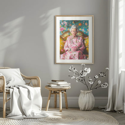 Queen Elizabeth II Portrait Print | Regal Floral Wall Art | Royal Art Decor | Elegant British Monarch Poster | Fine Art Tribute