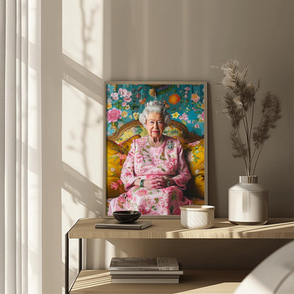 Queen Elizabeth II Portrait Print | Regal Floral Wall Art | Royal Art Decor | Elegant British Monarch Poster | Fine Art Tribute