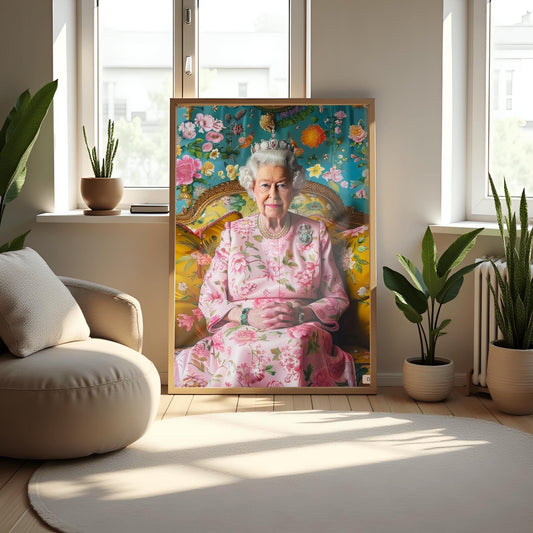 Queen Elizabeth II Portrait Print | Regal Floral Wall Art | Royal Art Decor | Elegant British Monarch Poster | Fine Art Tribute