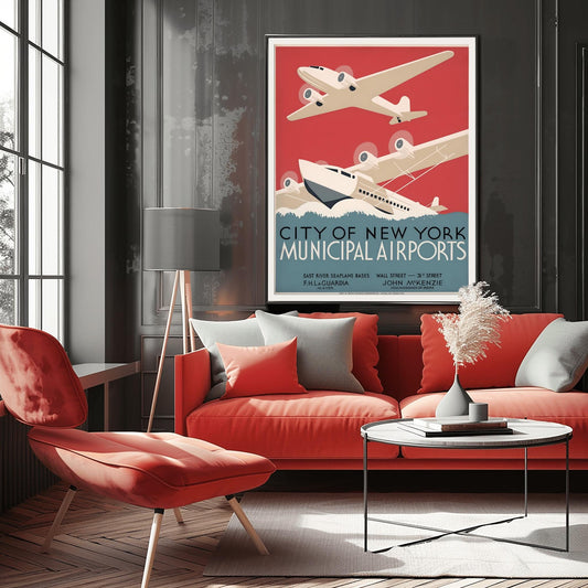 Art Deco New York Airport Poster | Vintage Seaplane Travel Print | NYC Wall Art | Aviation Decor Gift | Mid-Century Modern Tourism