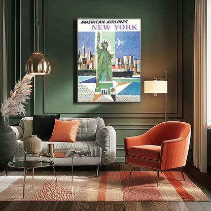 Vintage American Airlines NYC Poster | Abstract Statue of Liberty Print | New York City Wall Art | Aviation Travel | Mid-Century Airline Art