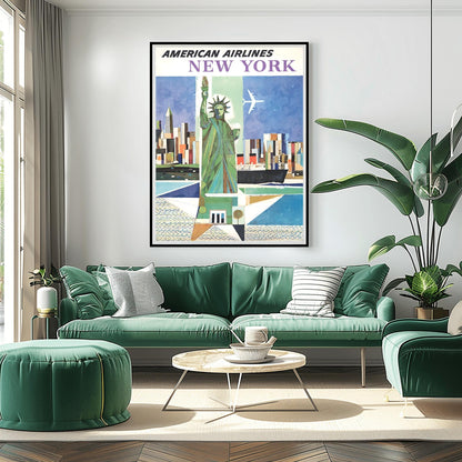 Vintage American Airlines NYC Poster | Abstract Statue of Liberty Print | New York City Wall Art | Aviation Travel | Mid-Century Airline Art