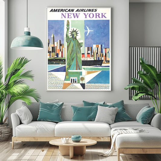 Vintage American Airlines NYC Poster | Abstract Statue of Liberty Print | New York City Wall Art | Aviation Travel | Mid-Century Airline Art