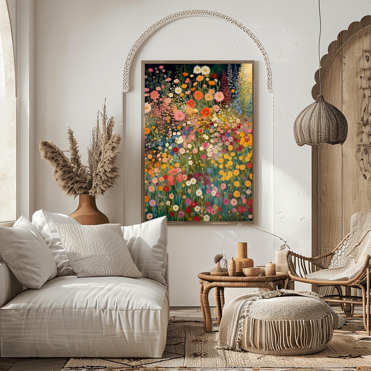 Gustav Klimt Inspired Wildflower Canvas Wall Art – Floral Landscape Print, Neutral Tones, Modern Botanical Decor, Trendy Gift for Art Lovers