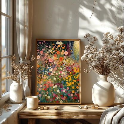 Gustav Klimt Inspired Wildflower Canvas Wall Art – Floral Landscape Print, Neutral Tones, Modern Botanical Decor, Trendy Gift for Art Lovers