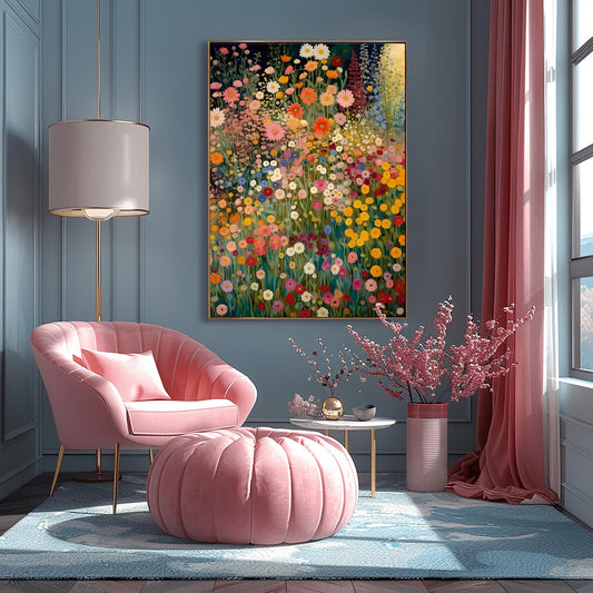 Gustav Klimt Inspired Wildflower Canvas Wall Art – Floral Landscape Print, Neutral Tones, Modern Botanical Decor, Trendy Gift for Art Lovers