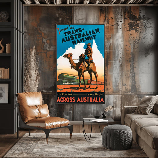 Vintage Australian Travel Poster | Trans-Australian Railway Print | Camel Rider Outback Art | Retro Australia Decor | Desert Landscape Print