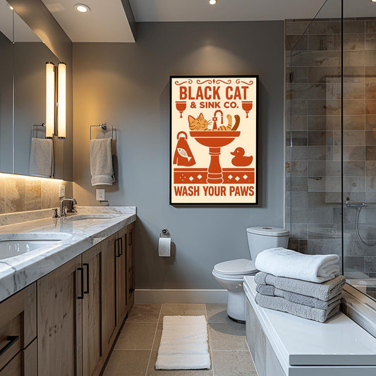 Tabby Cat Wash Your Paws Poster, Funny Bathroom Wall Art, Vintage Restroom Decor, Animal Print Home Decor, Toilet Humour Gift