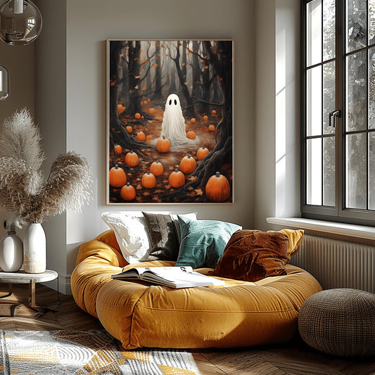 Eerie Ghost in Forest Print | Halloween Spooky Decor | Pumpkin Patch Wall Art | Haunted Woods Illustration | Fall Decor Poster | Creepy Art