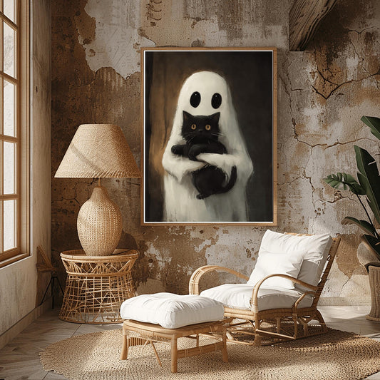 Cute Ghost & Black Cat Print | Whimsical Halloween Art | Friendly Spirit Poster | Spooky Pet Lover Gift | Cozy October Decor | Fall Wall Art