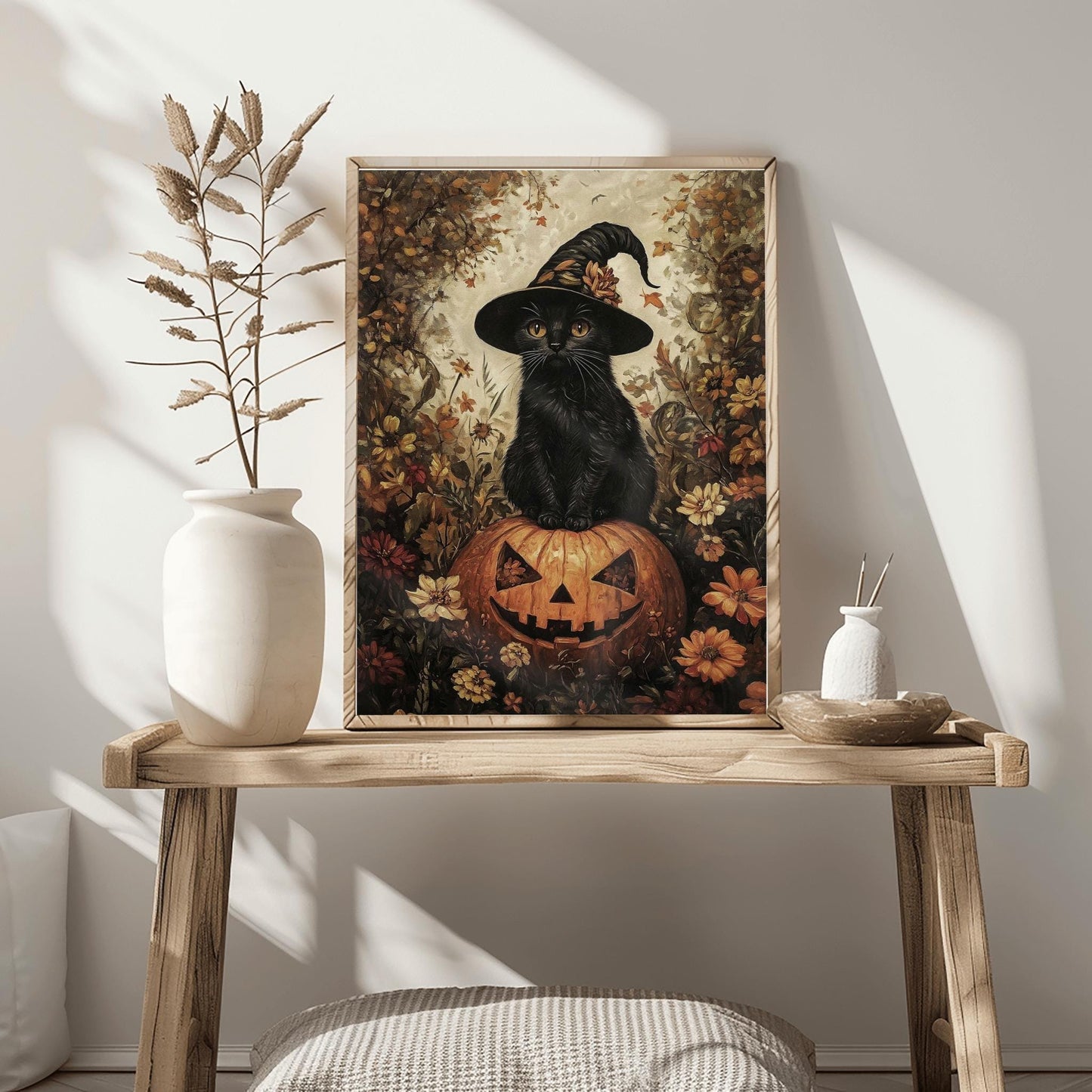 Witch Cat on Pumpkin Print | Halloween Black Cat Art | Spooky Cute Decor | Jack-o'-Lantern Poster | Autumn Kitten Wall Art | Fall Pet Decor