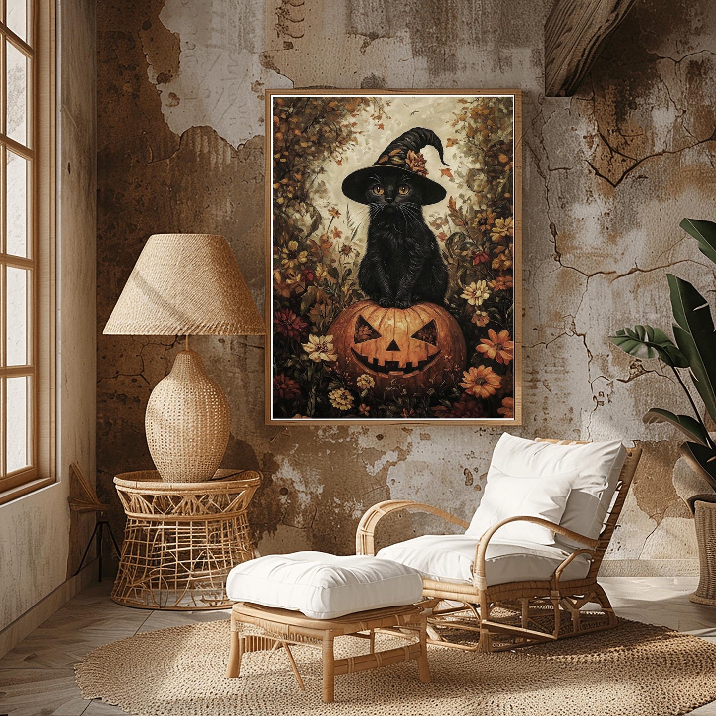 Witch Cat on Pumpkin Print | Halloween Black Cat Art | Spooky Cute Decor | Jack-o'-Lantern Poster | Autumn Kitten Wall Art | Fall Pet Decor