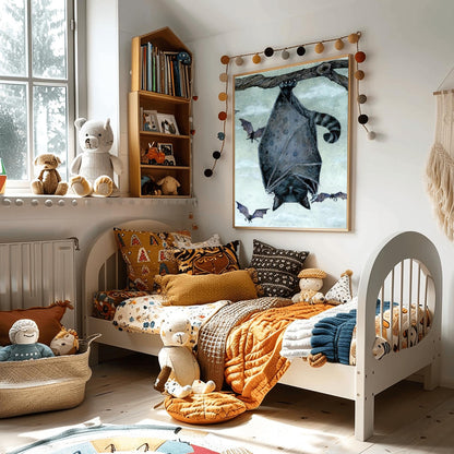 Black Bat Cat Art Print | Gothic Halloween Decor | Whimsical Spooky Animal | Flying Feline Poster Unique Fantasy Creature Gift Dark Academia