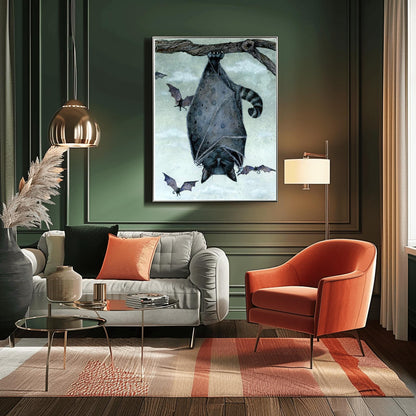 Black Bat Cat Art Print | Gothic Halloween Decor | Whimsical Spooky Animal | Flying Feline Poster Unique Fantasy Creature Gift Dark Academia