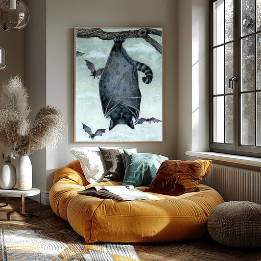 Black Bat Cat Art Print | Gothic Halloween Decor | Whimsical Spooky Animal | Flying Feline Poster Unique Fantasy Creature Gift Dark Academia
