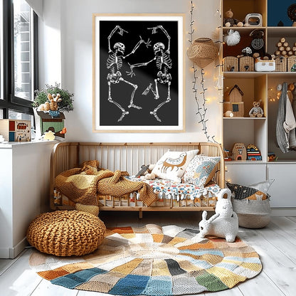 Dancing Skeletons Print | Gothic Halloween Wall Art | Spooky Macabre Decor | Folk Art Skeleton Duo | Dark Academia Poster | Death Dance Art