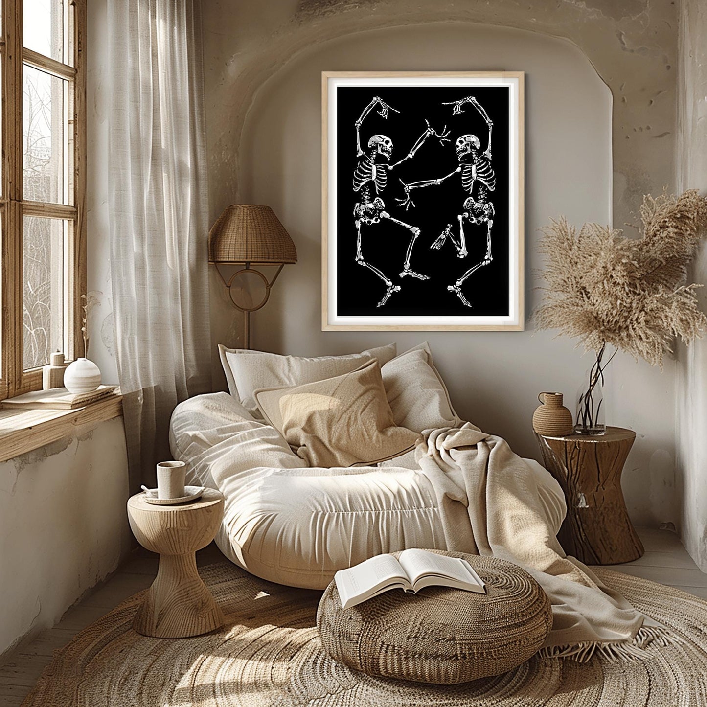 Dancing Skeletons Print | Gothic Halloween Wall Art | Spooky Macabre Decor | Folk Art Skeleton Duo | Dark Academia Poster | Death Dance Art