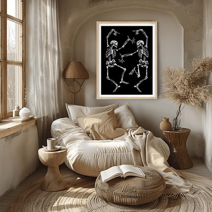 Dancing Skeletons Print | Gothic Halloween Wall Art | Spooky Macabre Decor | Folk Art Skeleton Duo | Dark Academia Poster | Death Dance Art