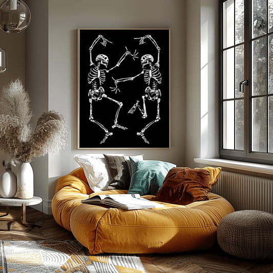 Dancing Skeletons Print | Gothic Halloween Wall Art | Spooky Macabre Decor | Folk Art Skeleton Duo | Dark Academia Poster | Death Dance Art