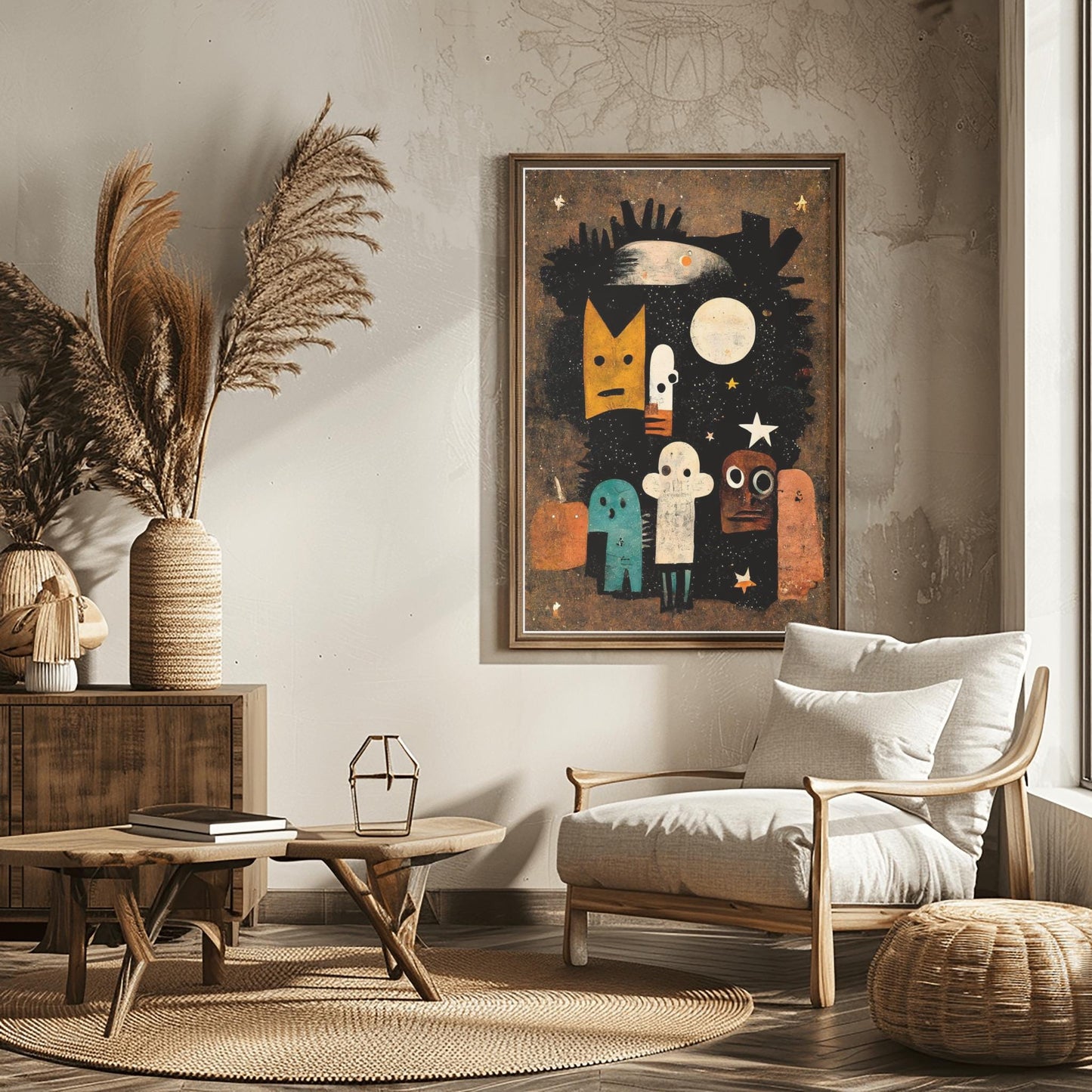 Whimsical Abstract Halloween Spirits Print | Quirky Starry Night Art | Modern Spooky Decor | Colorful Character Poster | Unique Halloween