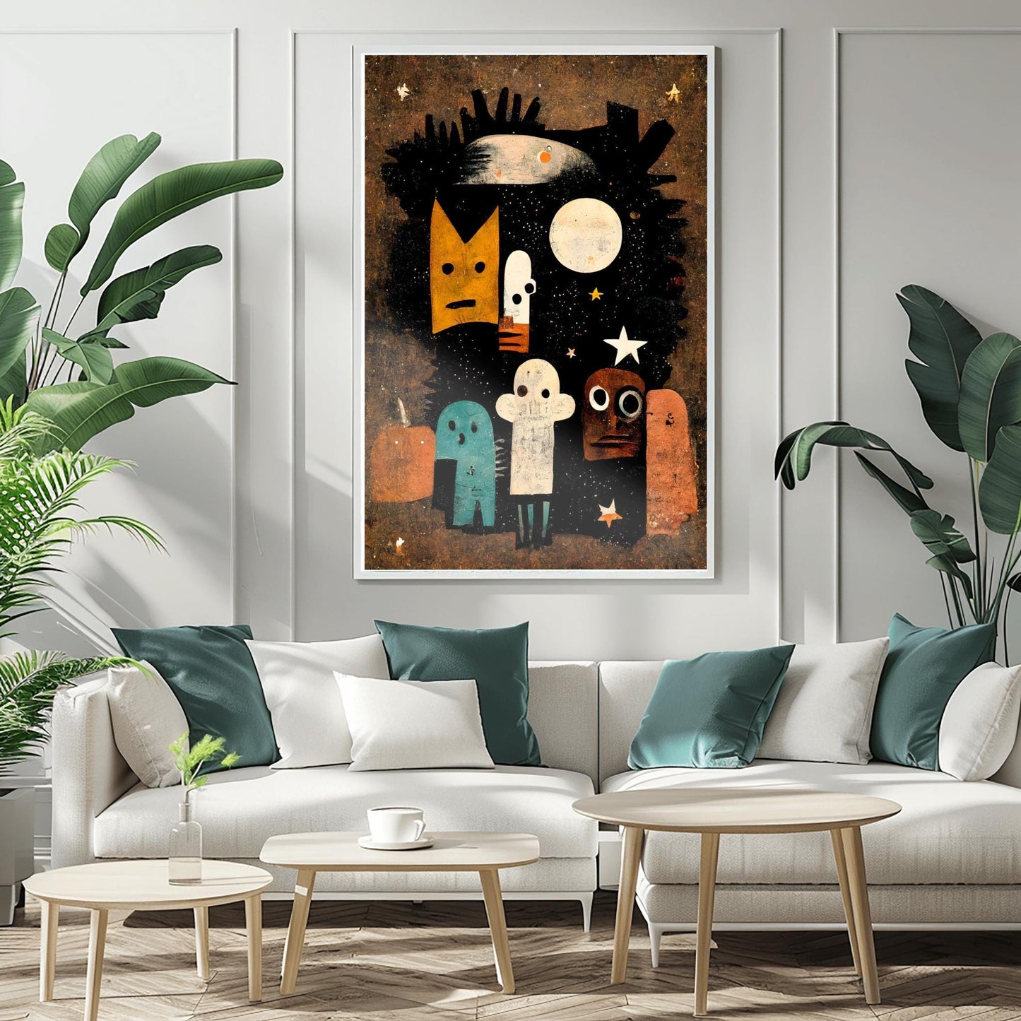 Whimsical Abstract Halloween Spirits Print | Quirky Starry Night Art | Modern Spooky Decor | Colorful Character Poster | Unique Halloween