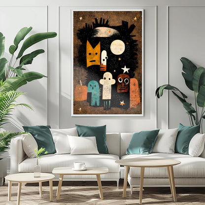 Whimsical Abstract Halloween Spirits Print | Quirky Starry Night Art | Modern Spooky Decor | Colorful Character Poster | Unique Halloween