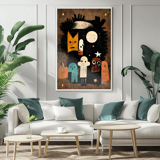 Whimsical Abstract Halloween Spirits Print | Quirky Starry Night Art | Modern Spooky Decor | Colorful Character Poster | Unique Halloween