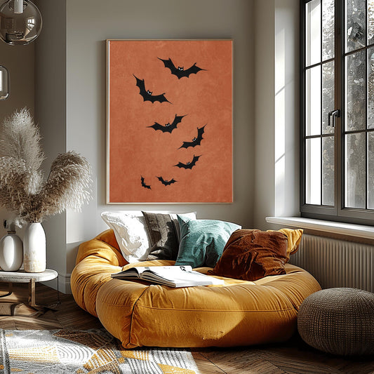 Minimalist Bat Halloween Print | Modern Spooky Wall Art | Rust Orange Bat Decor | Autumn Seasonal Poster | Simple Halloween Gift Flying Bats