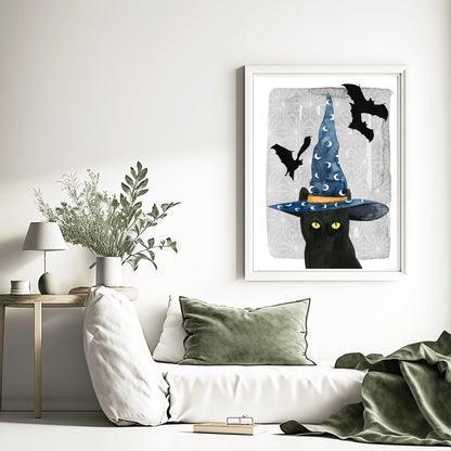 Whimsical Witch Cat Print | Halloween Black Cat Art | Wizard Hat Spooky Decor | Flying Bat Wall Art | Cute Witchy Feline Magical Poster