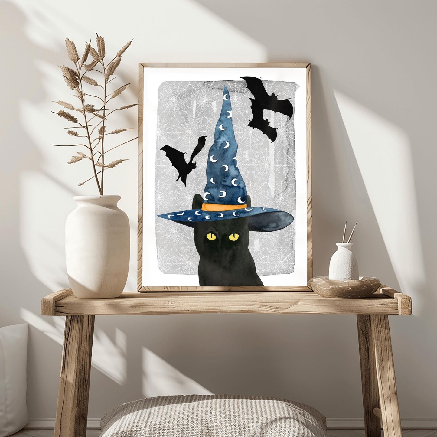 Whimsical Witch Cat Print | Halloween Black Cat Art | Wizard Hat Spooky Decor | Flying Bat Wall Art | Cute Witchy Feline Magical Poster