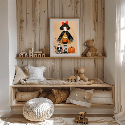 Whimsical Halloween Girl Print | Cute Black Cat & Pumpkin Art | Autumn Kids Room Decor | Spooky Season Poster | Trick or Treat Illustration
