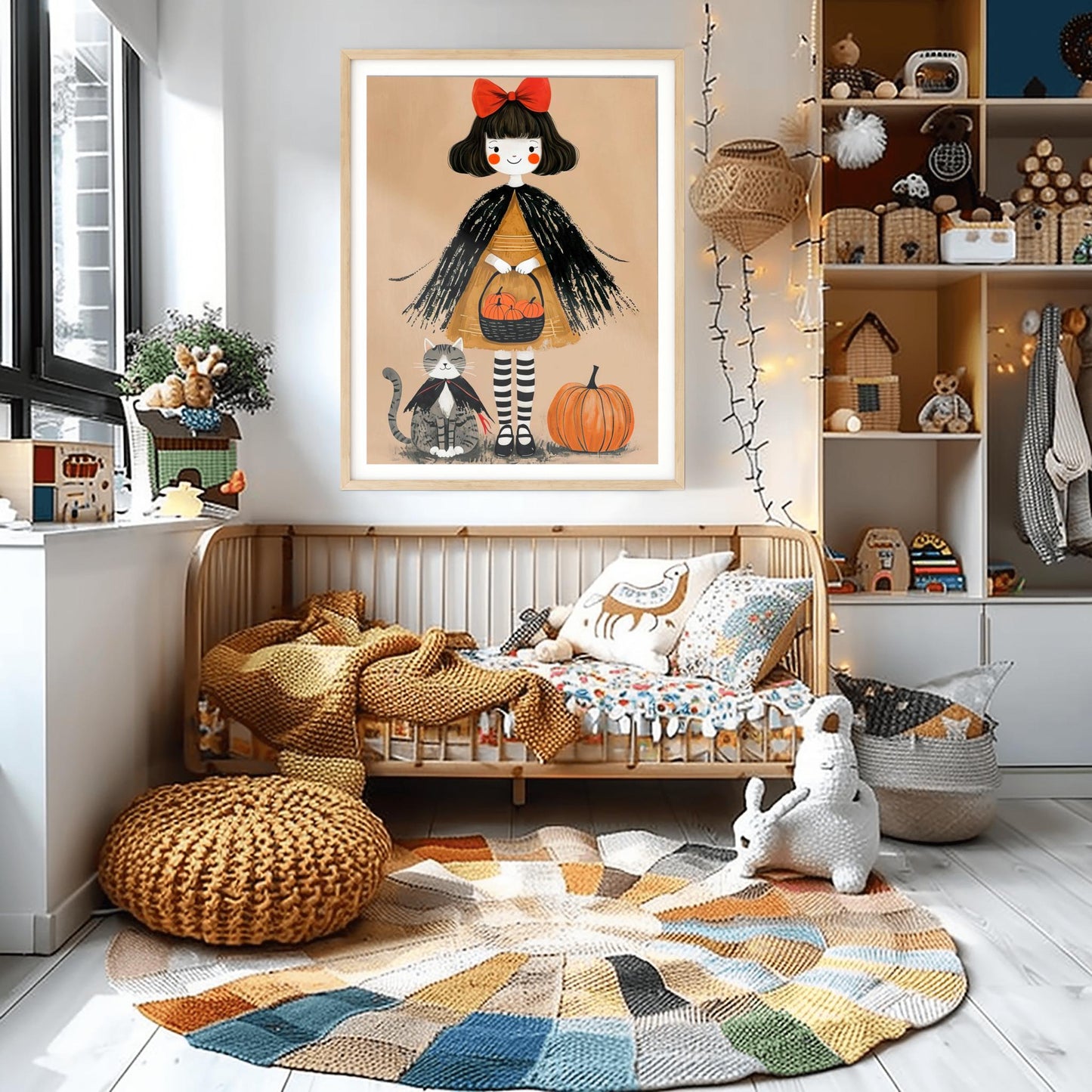 Whimsical Halloween Girl Print | Cute Black Cat & Pumpkin Art | Autumn Kids Room Decor | Spooky Season Poster | Trick or Treat Illustration
