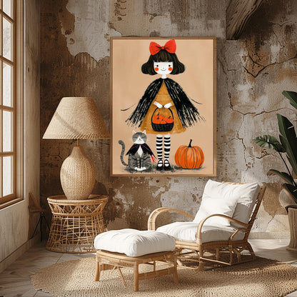 Whimsical Halloween Girl Print | Cute Black Cat & Pumpkin Art | Autumn Kids Room Decor | Spooky Season Poster | Trick or Treat Illustration