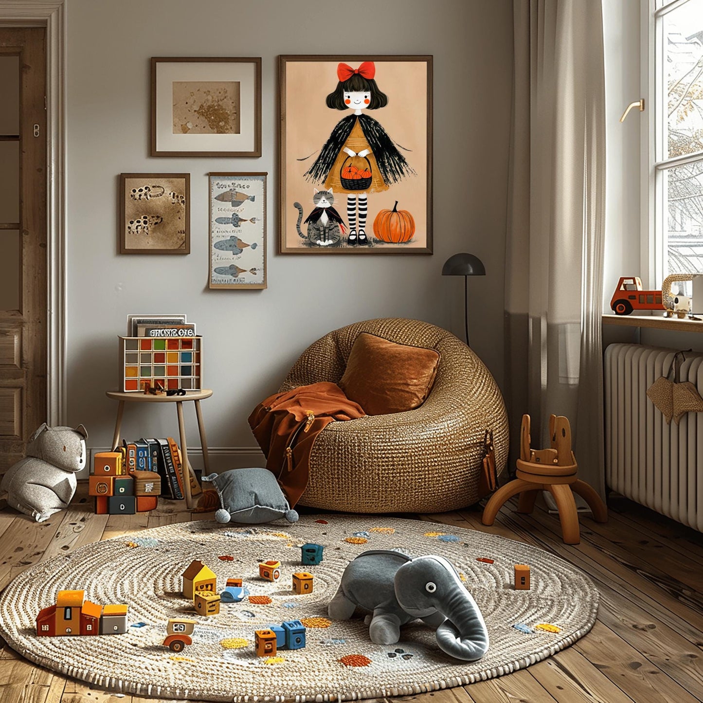 Whimsical Halloween Girl Print | Cute Black Cat & Pumpkin Art | Autumn Kids Room Decor | Spooky Season Poster | Trick or Treat Illustration