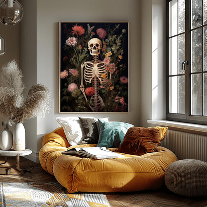 Gothic Skeleton & Flowers Print | Botanical Macabre Wall Art | Halloween Floral Decor | Dark Academia Poster Unique Spooky Art Death Bloom