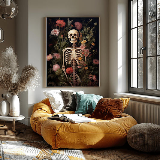 Gothic Skeleton & Flowers Print | Botanical Macabre Wall Art | Halloween Floral Decor | Dark Academia Poster Unique Spooky Art Death Bloom