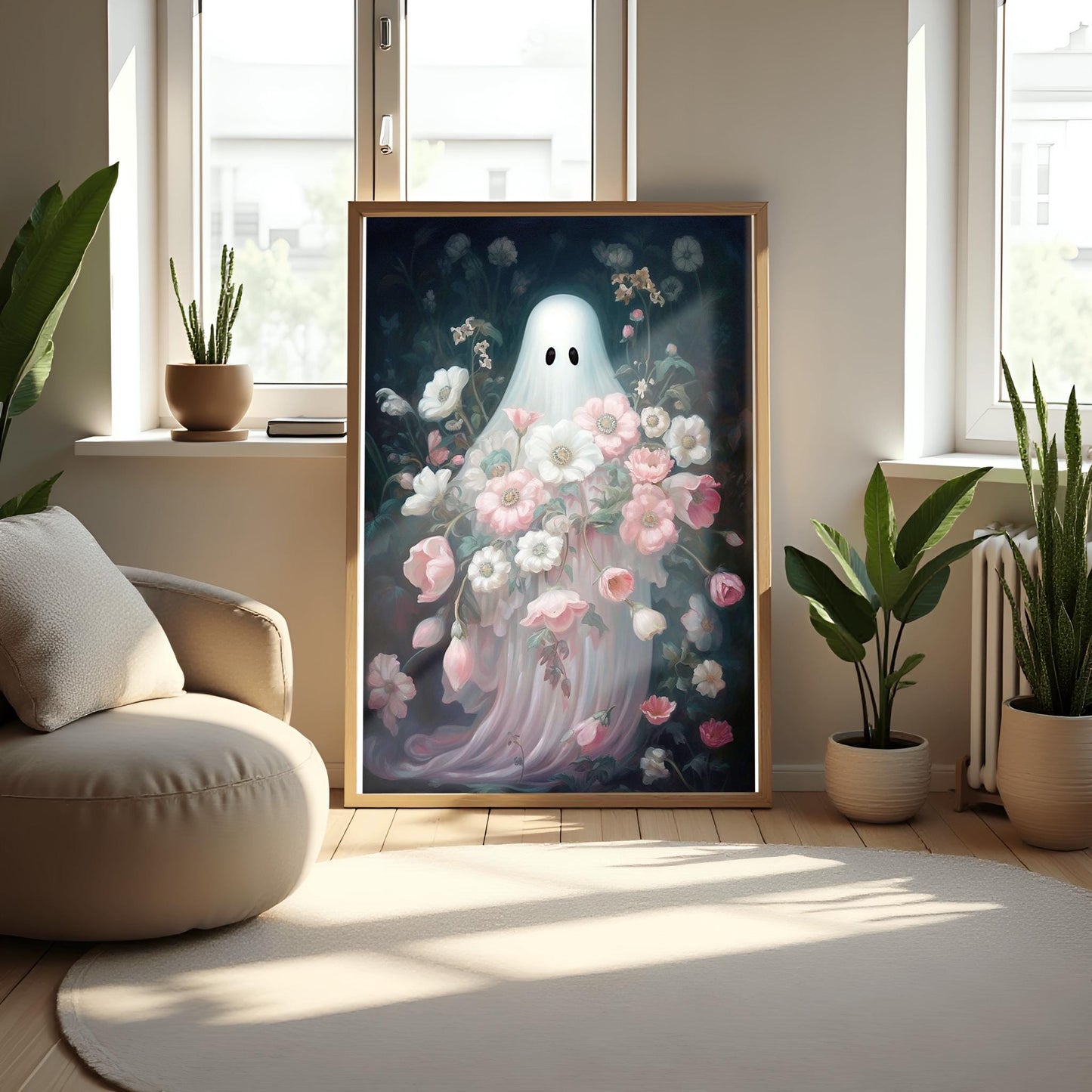 Ethereal Ghost Floral Print | Pastel Haunted Garden Art | Halloween Spirit Poster | Dreamy Spooky Decor Phantom Blooms Scene Mystical Garden