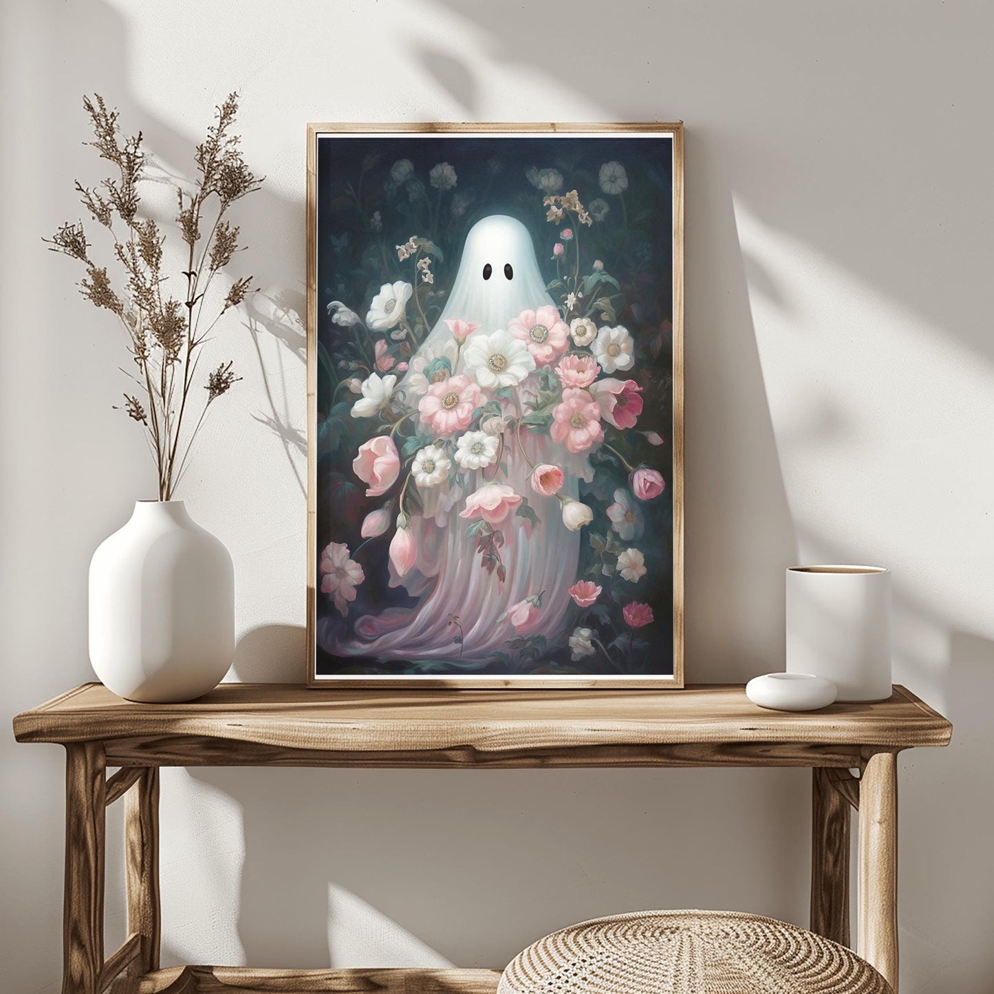 Ethereal Ghost Floral Print | Pastel Haunted Garden Art | Halloween Spirit Poster | Dreamy Spooky Decor Phantom Blooms Scene Mystical Garden