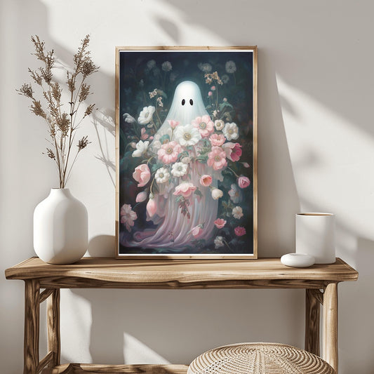 Ethereal Ghost Floral Print | Pastel Haunted Garden Art | Halloween Spirit Poster | Dreamy Spooky Decor Phantom Blooms Scene Mystical Garden