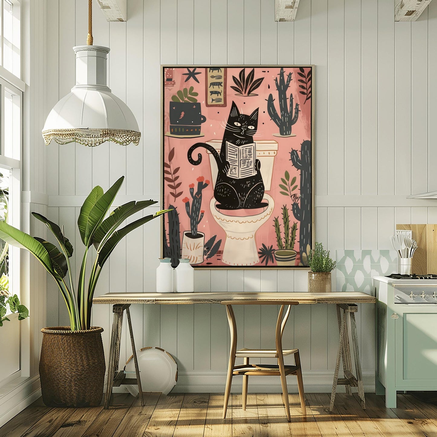 Matisse Art Print Black Cat Toilet Decor, Funky Retro Bathroom Wall Art, Mid Century Modern Pink Illustration