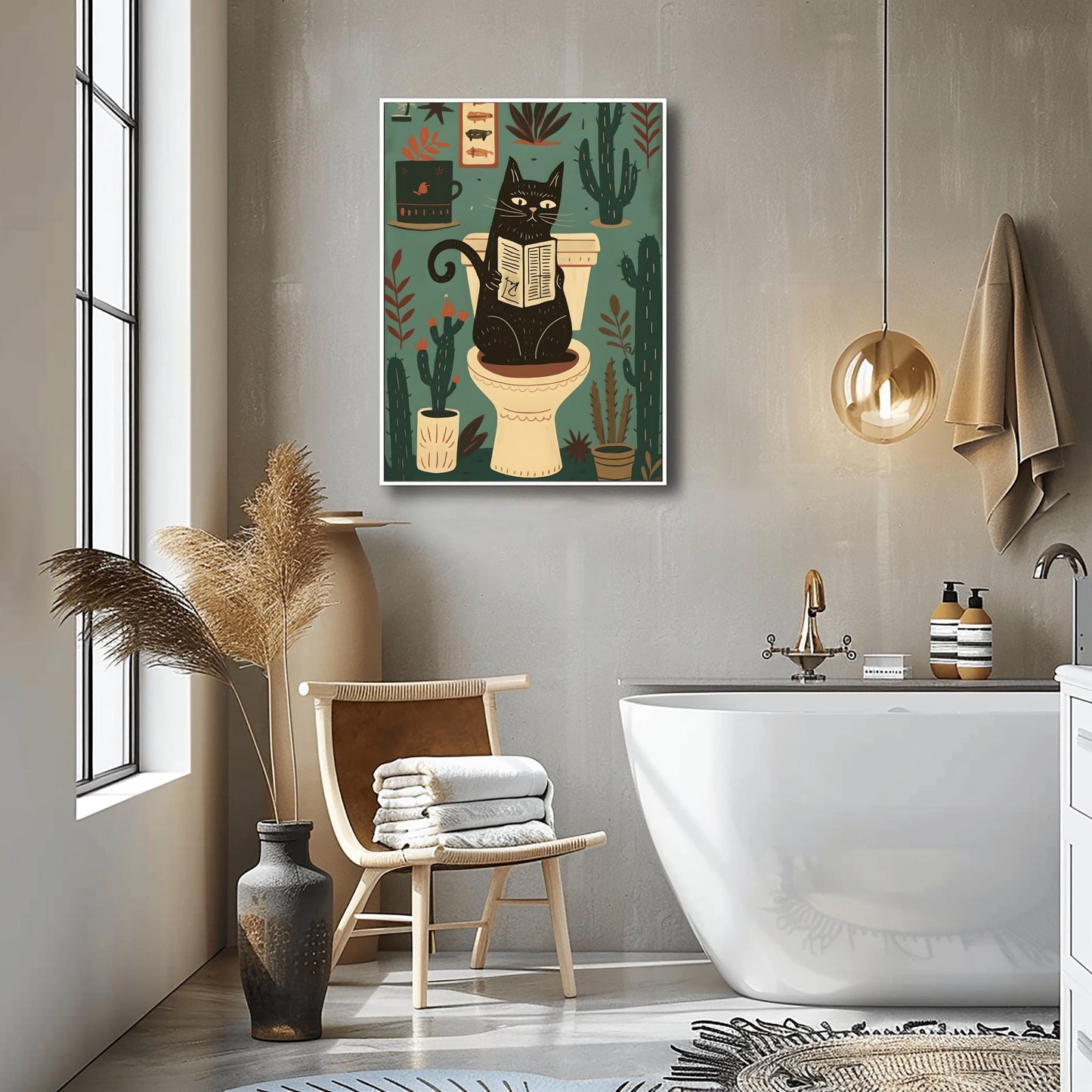 Matisse Art Print Black Cat Toilet Wall Decor, Retro Funky Bathroom Poster, Pink Mid Century Modern Illustration