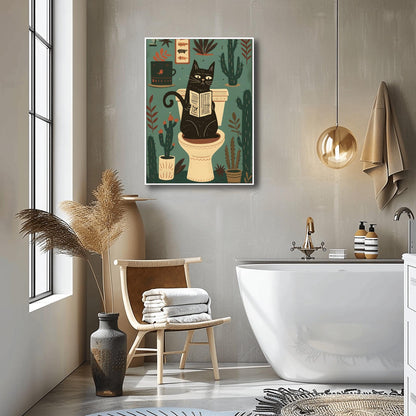 Matisse Art Print Black Cat Toilet Wall Decor, Retro Funky Bathroom Poster, Pink Mid Century Modern Illustration