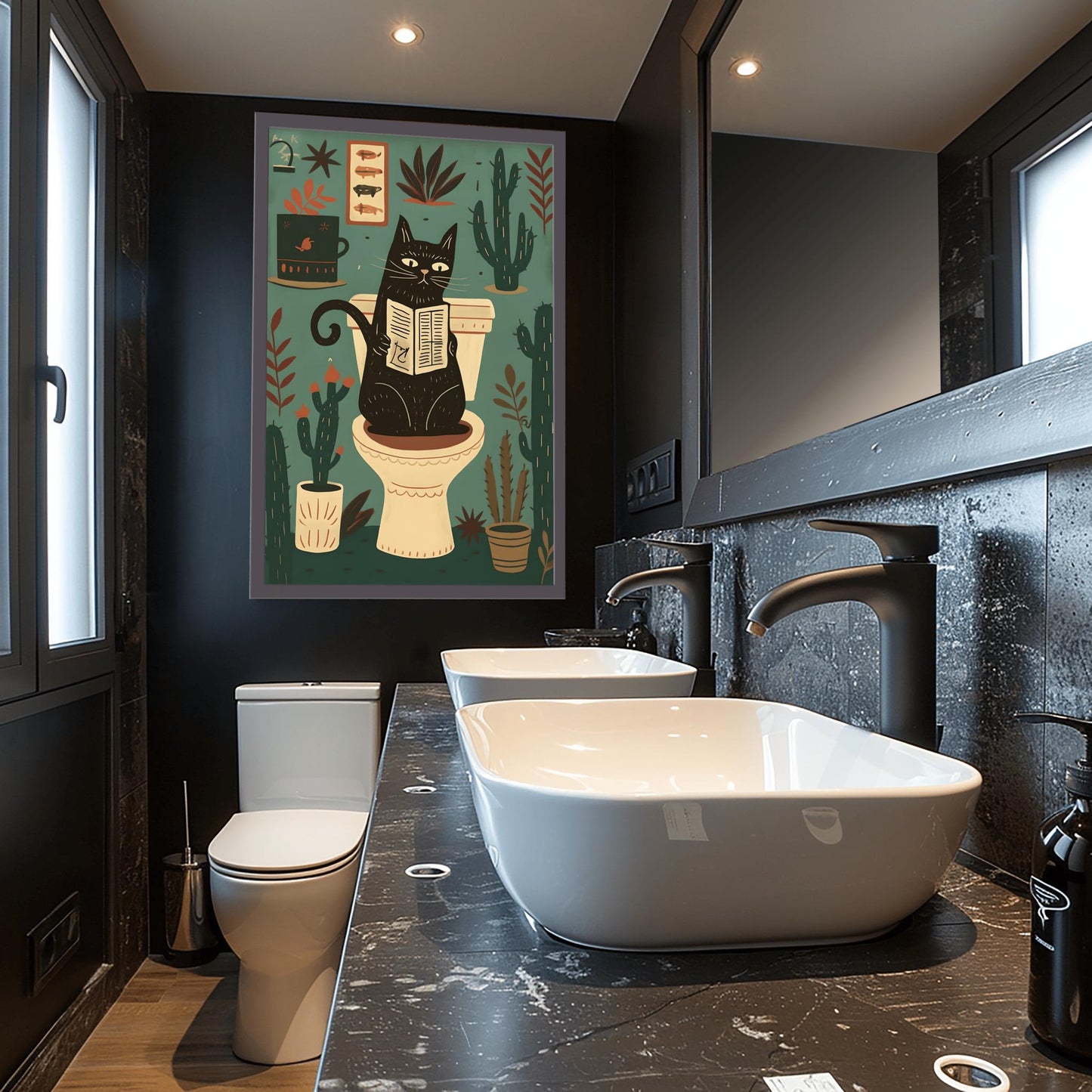 Matisse Art Print Black Cat Toilet Wall Decor, Retro Funky Bathroom Poster, Pink Mid Century Modern Illustration